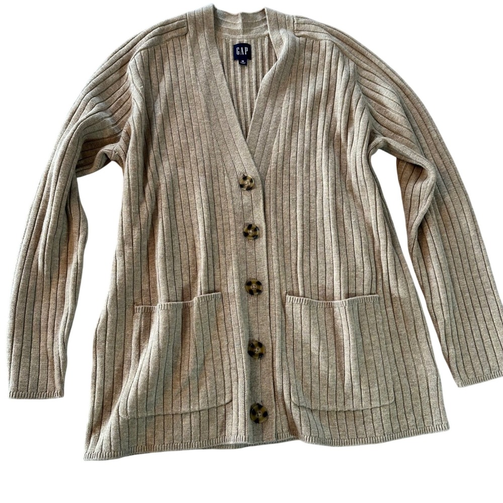 GAP Womens Ribbed Merino Wool Blend Button Front Cardigan Sweater Tan Beige‎ Med